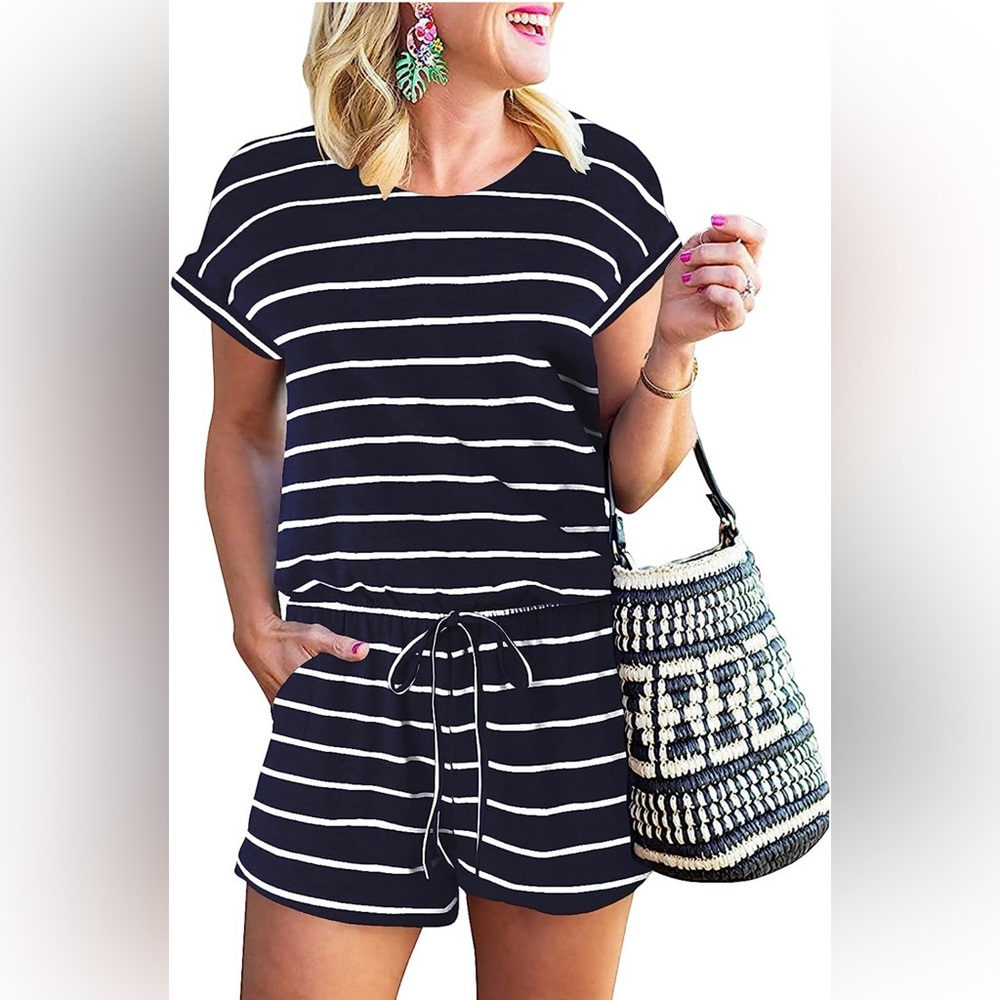 Navy Blue and White Striped Romper. Never worn.